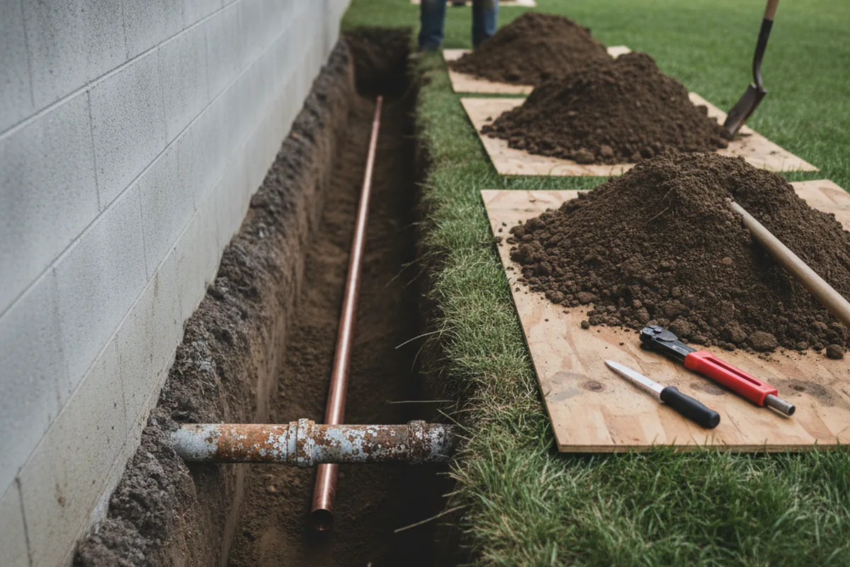 Excavated water line trench during Water Softener Installation in Winthrop